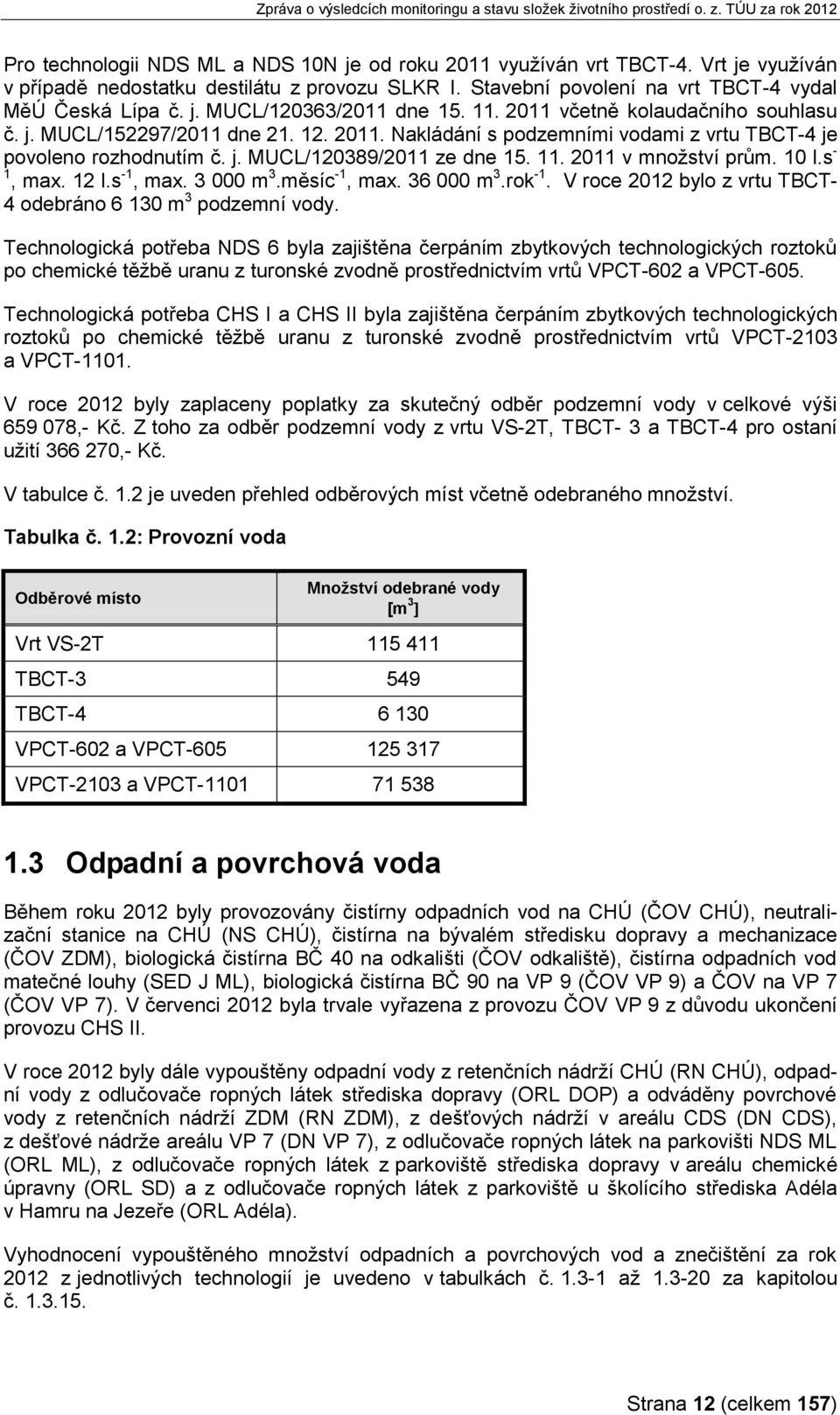 2011 v množství prům. 10 l.s - 1, max. 12 l.s -1, max. 3 000 m 3.měsíc -1, max. 36 000 m 3.rok -1. V roce 2012 bylo z vrtu TBCT- 4 odebráno 6 130 m 3 podzemní vody.