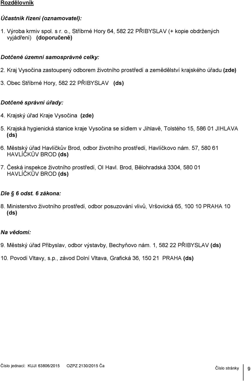 Krajská hygienická stanice kraje Vysočina se sídlem v Jihlavě, Tolstého 15, 586 01 JIHLAVA (ds) 6. Městský úřad Havlíčkův Brod, odbor ţivotního prostředí, Havlíčkovo nám.