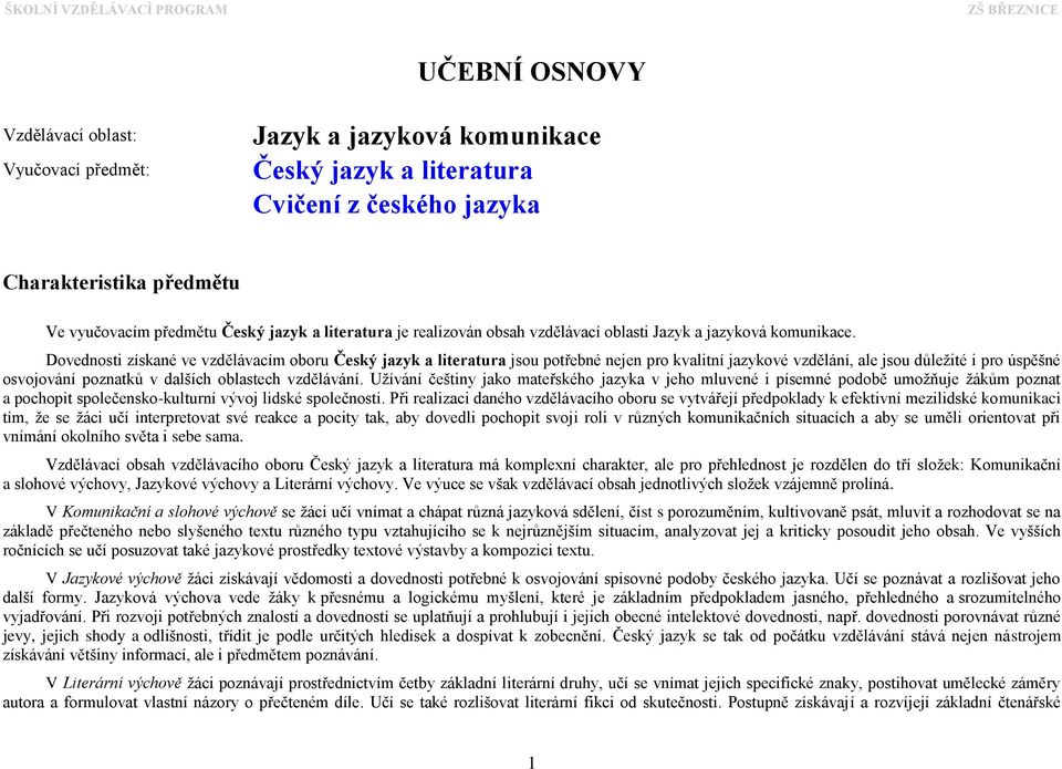 Dovednosti získané ve vzdělávacím oboru Český jazyk a literatura jsou potřebné nejen pro kvalitní jazykové vzdělání, ale jsou důležité i pro úspěšné osvojování poznatků v dalších oblastech vzdělávání.