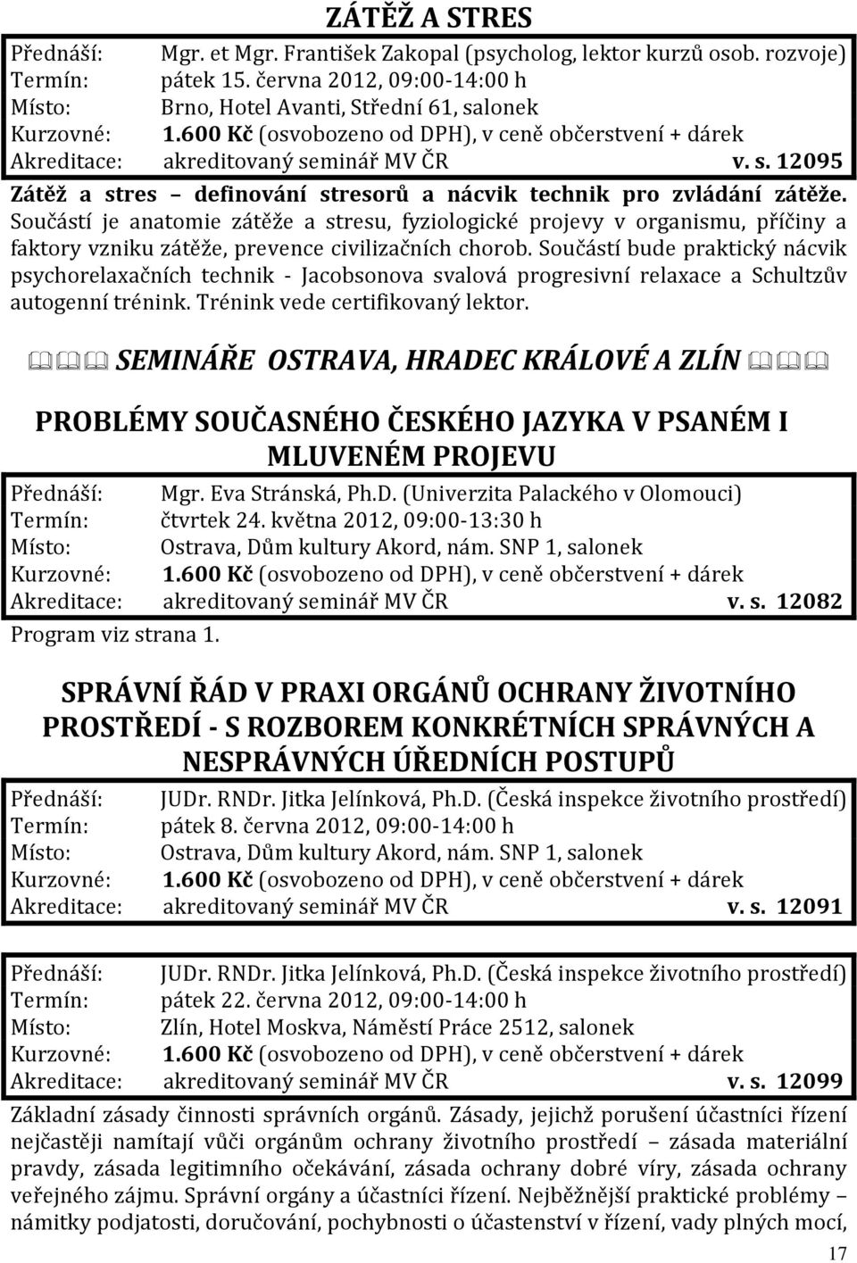 Součástí je anatomie zátěže a stresu, fyziologické projevy v organismu, příčiny a faktory vzniku zátěže, prevence civilizačních chorob.