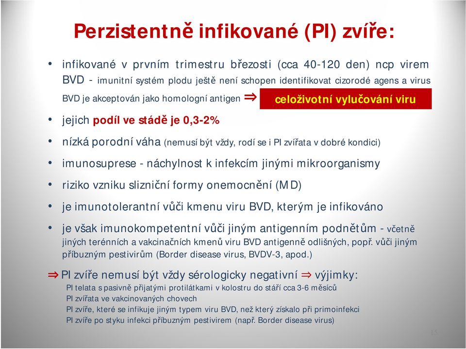 riziko vzniku slizniční formy onemocnění (MD) celoživotní vylučování viru je imunotolerantní vůči kmenu viru BVD, kterým je infikováno je však imunokompetentní vůči jiným antigenním podnětům - včetně