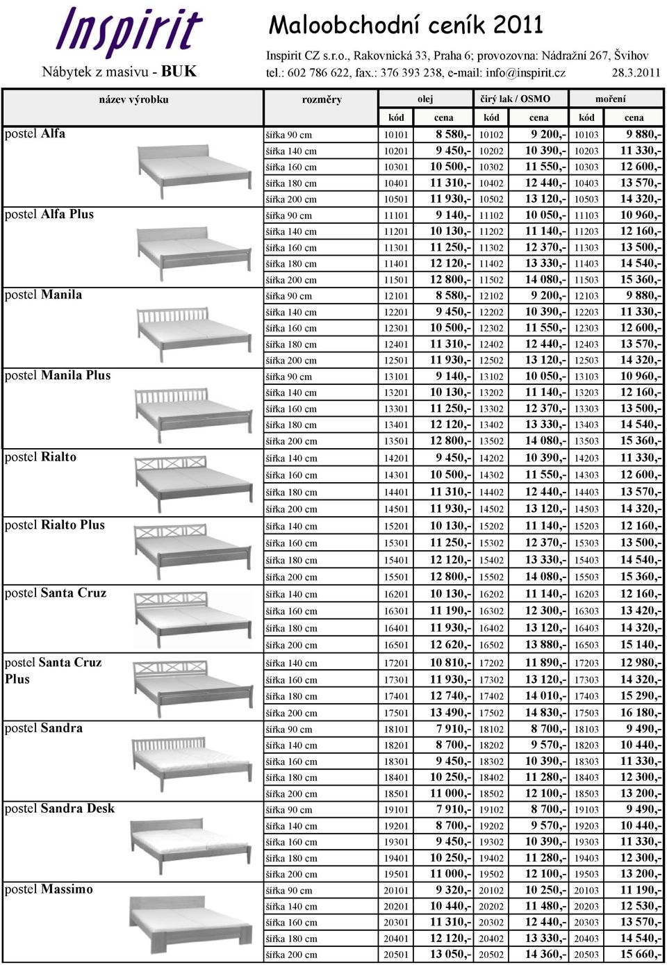 6 393 238, e-mail: info@inspirit.cz 28.3.2011 název výrobku rozměry olej čirý lak / OSMO moření kód cena kód cena kód cena postel Alfa šířka 90 cm 10101 8 580,- 10102 9 200,- 10103 9 880,- šířka 140