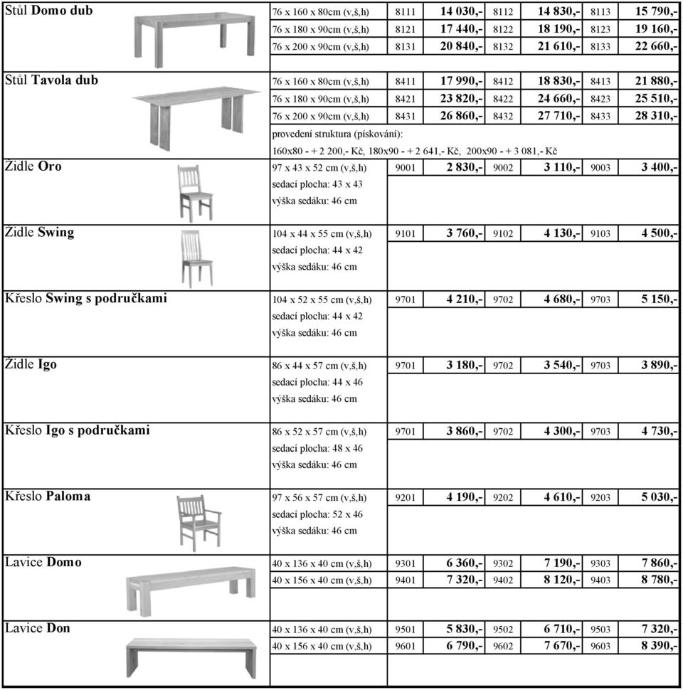 8432 27 710,- 8433 28 310,- provedení struktura (pískování): 160x80 - + 2 200,- Kč, 180x90 - + 2 641,- Kč, 200x90 - + 3 081,- Kč Židle Oro 97 x 43 x 52 cm (v,š,h) 9001 2 830,- 9002 3 110,- 9003 3