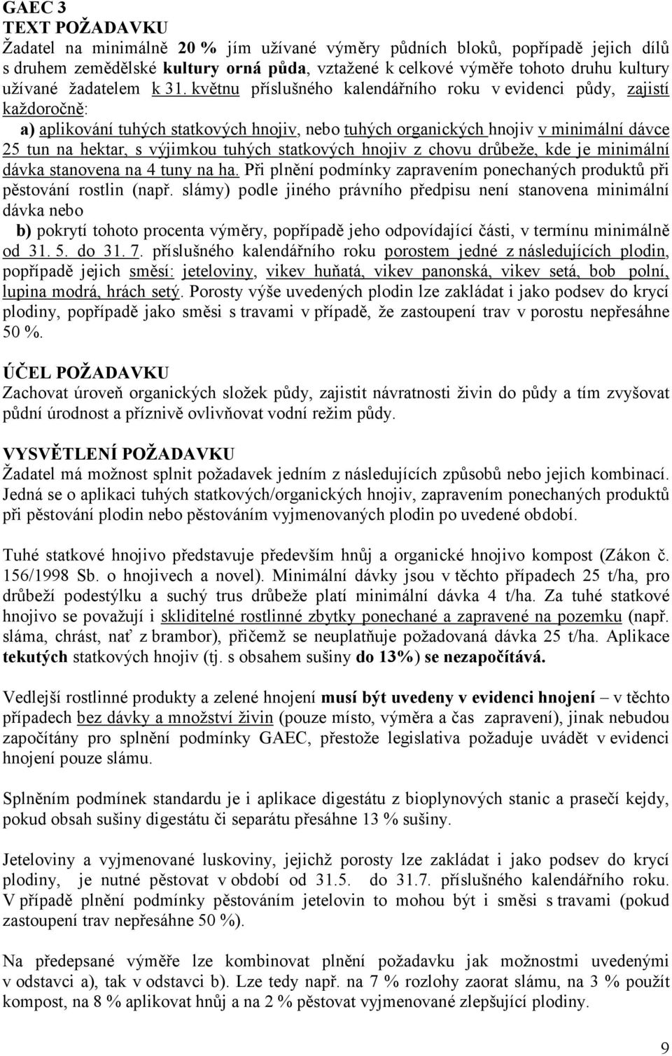 květnu příslušného kalendářního roku v evidenci půdy, zajistí každoročně: a) aplikování tuhých statkových hnojiv, nebo tuhých organických hnojiv v minimální dávce 25 tun na hektar, s výjimkou tuhých