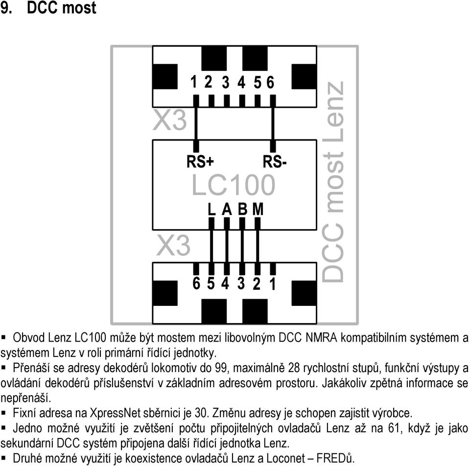 Jakákoliv zpětná informace se nepřenáší. Fixní adresa na XpressNet sběrnici je 30. Změnu adresy je schopen zajistit výrobce.