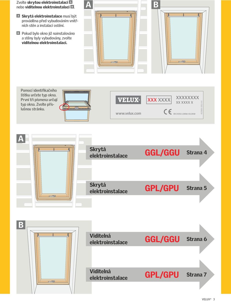 B Pokud ylo okno již ninstlováno stěny yly vyudovány, zvolte viditelnou elektroinstlci. A B Pomocí identifikčního štítku určete typ okn.