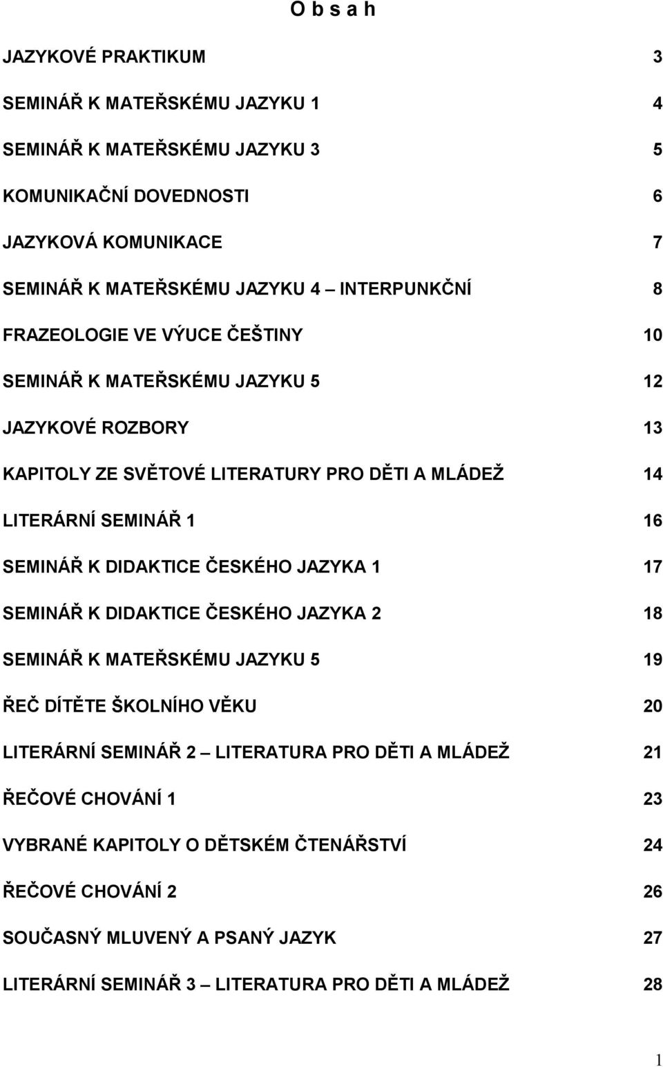 SEMINÁŘ K DIDAKTICE ČESKÉHO JAZYKA 1 17 SEMINÁŘ K DIDAKTICE ČESKÉHO JAZYKA 2 18 SEMINÁŘ K MATEŘSKÉMU JAZYKU 5 19 ŘEČ DÍTĚTE ŠKOLNÍHO VĚKU 20 LITERÁRNÍ SEMINÁŘ 2 LITERATURA PRO