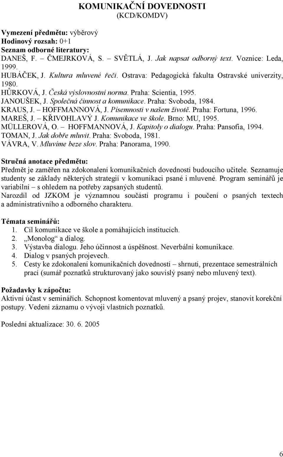 HOFFMANNOVÁ, J. Písemnosti v našem životě. Praha: Fortuna, 1996. MAREŠ, J. KŘIVOHLAVÝ J. Komunikace ve škole. Brno: MU, 1995. MÜLLEROVÁ, O. HOFFMANNOVÁ, J. Kapitoly o dialogu. Praha: Pansofia, 1994.