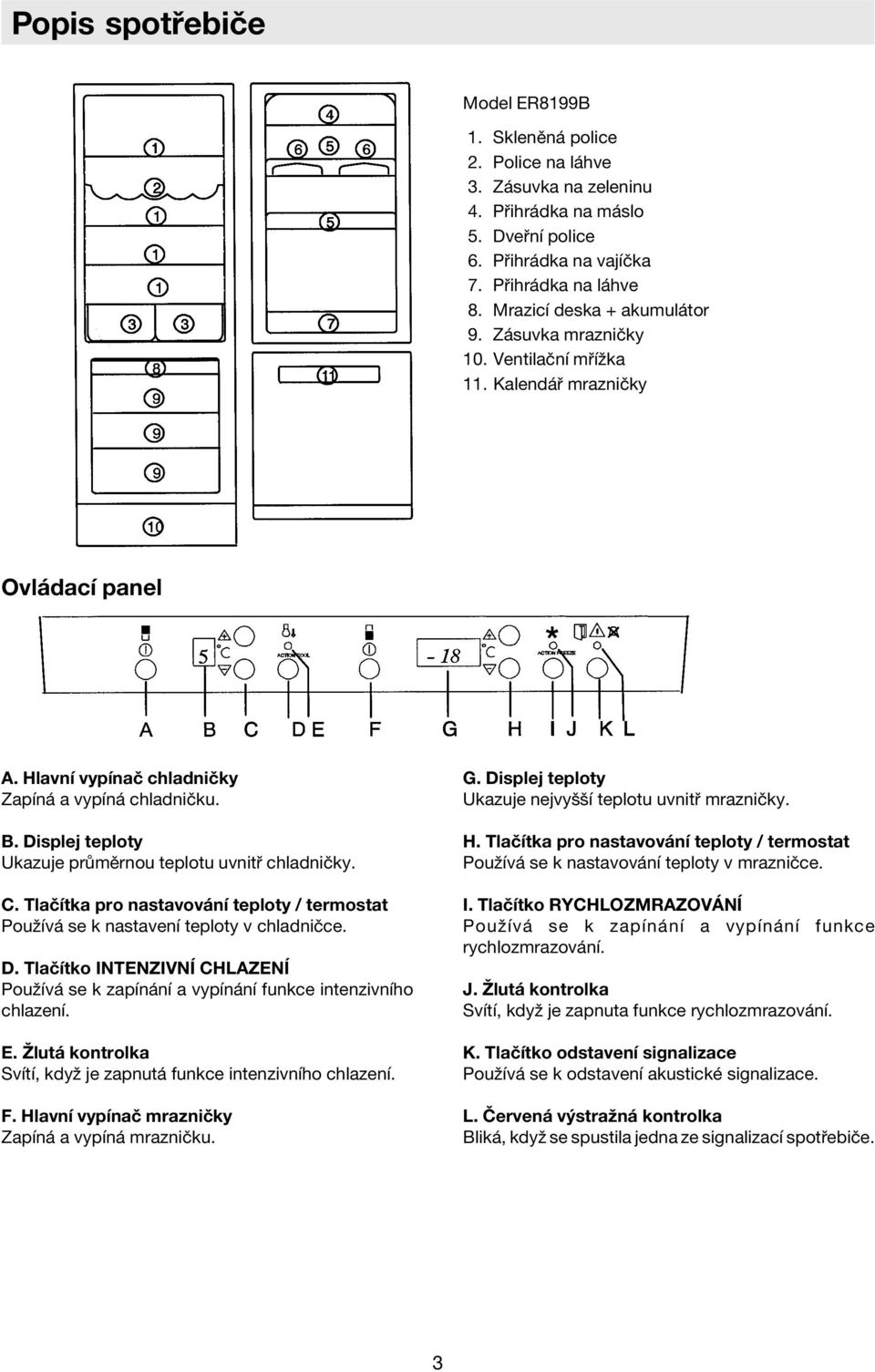 Displej teploty Ukazuje pr mïrnou teplotu uvnit chladniëky. C. TlaËÌtka pro nastavov nì teploty / termostat PouûÌv se k nastavenì teploty v chladniëce. D.