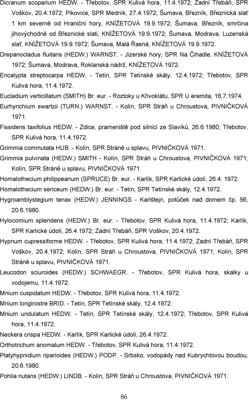 ) WARNST. - Jizerské hory, SPR Na Čihadle, KNÍŽETOVÁ 1972; Šumava, Modrava, Roklanská nádrž, KNÍŽETOVÁ 1972. Encalypta streptocarpa HEDW. - Tetín, SPR Tetínské skály, 12.4.