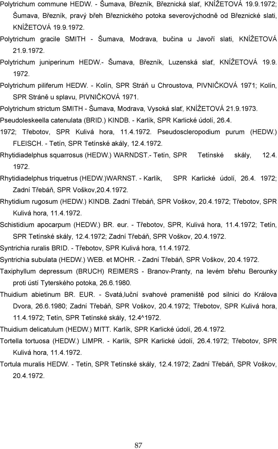 - Kolín, SPR Stráň u Chroustova, PIVNIČKOVÁ 1971; Kolín, SPR Stráně u splavu, PIVNIČKOVÁ 1971. Polytrichum strictum SMITH - Šumava, Modrava, Vysoká slať, KNÍŽETOVÁ 21.9.1973.