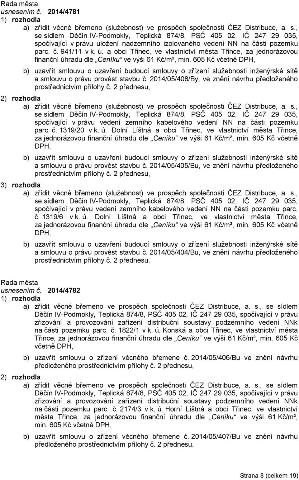 ú. a obci Třinec, ve vlastnictví města Třince, za jednorázovou finanční úhradu dle Ceníku ve výši 61 Kč/m², min.