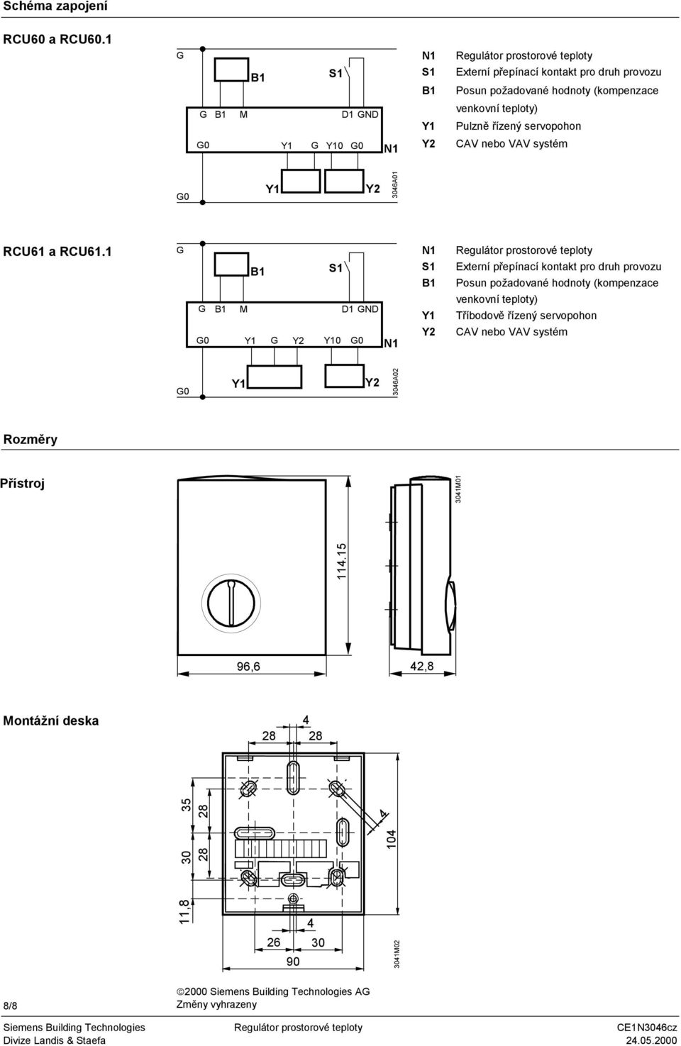 teploty) Pulzně řízený servopohon CAV nebo VAV systém G0 Y1 Y2 3046A01 RCU61 a RCU61.