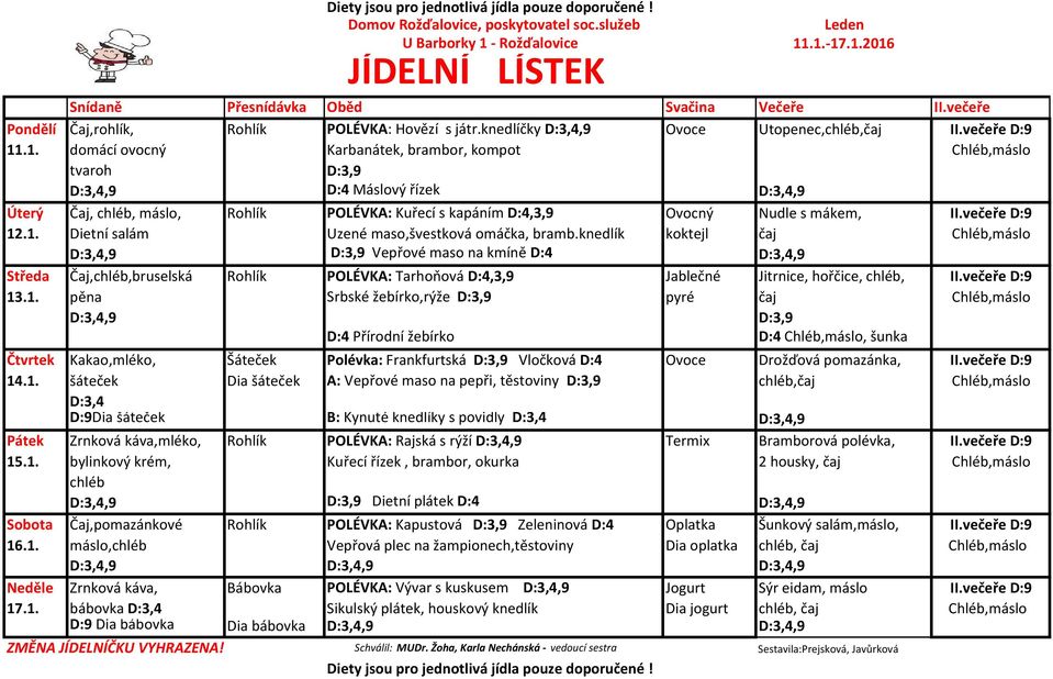 .1. domácí ovocný Karbanátek, brambor, kompot Chléb,máslo tvaroh D:4 Máslový řízek Úterý Čaj, chléb, máslo, Rohlík POLÉVKA: Kuřecí s kapáním D:4,3,9 Ovocný Nudle s mákem, II.večeře D:9 12.1. Dietní salám Uzené maso,švestková omáčka, bramb.