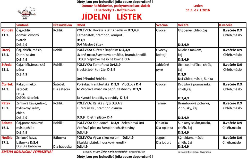 .1. domácí ovocný Karbanátek, brambor, kompot Chléb,máslo tvaroh D:4 Máslový řízek Úterý Čaj, chléb, máslo, Rohlík POLÉVKA: Kuřecí s kapáním D:4,3,9 Ovocný Nudle s mákem, II.večeře D:9 12.1. Dietní salám Uzené maso,švestková omáčka, bramb.