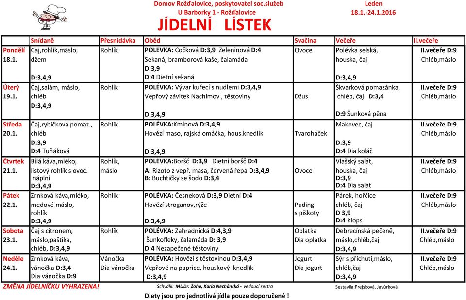 .1. džem Sekaná, bramborová kaše, čalamáda houska, čaj Chléb,máslo D:4 Dietní sekaná Úterý Čaj,salám, máslo, Rohlík POLÉVKA: Vývar kuřecí s nudlemi Škvarková pomazánka, II.večeře D:9 19.1. chléb Vepřový závitek Nachimov, těstoviny Džus chléb, čaj D:3,4 Chléb,máslo D:9 Šunková pěna Středa Čaj,rybičková pomaz.