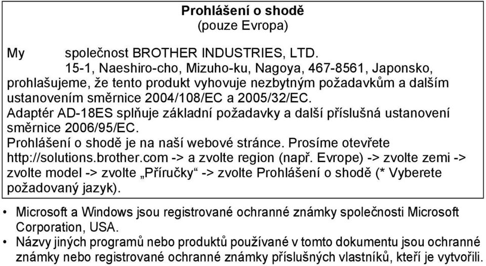 Adaptér AD-ES splňuje základní požadavky a další příslušná ustanovení směrnice 00//EC. Prohlášení o shodě je na naší webové stránce. Prosíme otevřete http://solutions.brother.