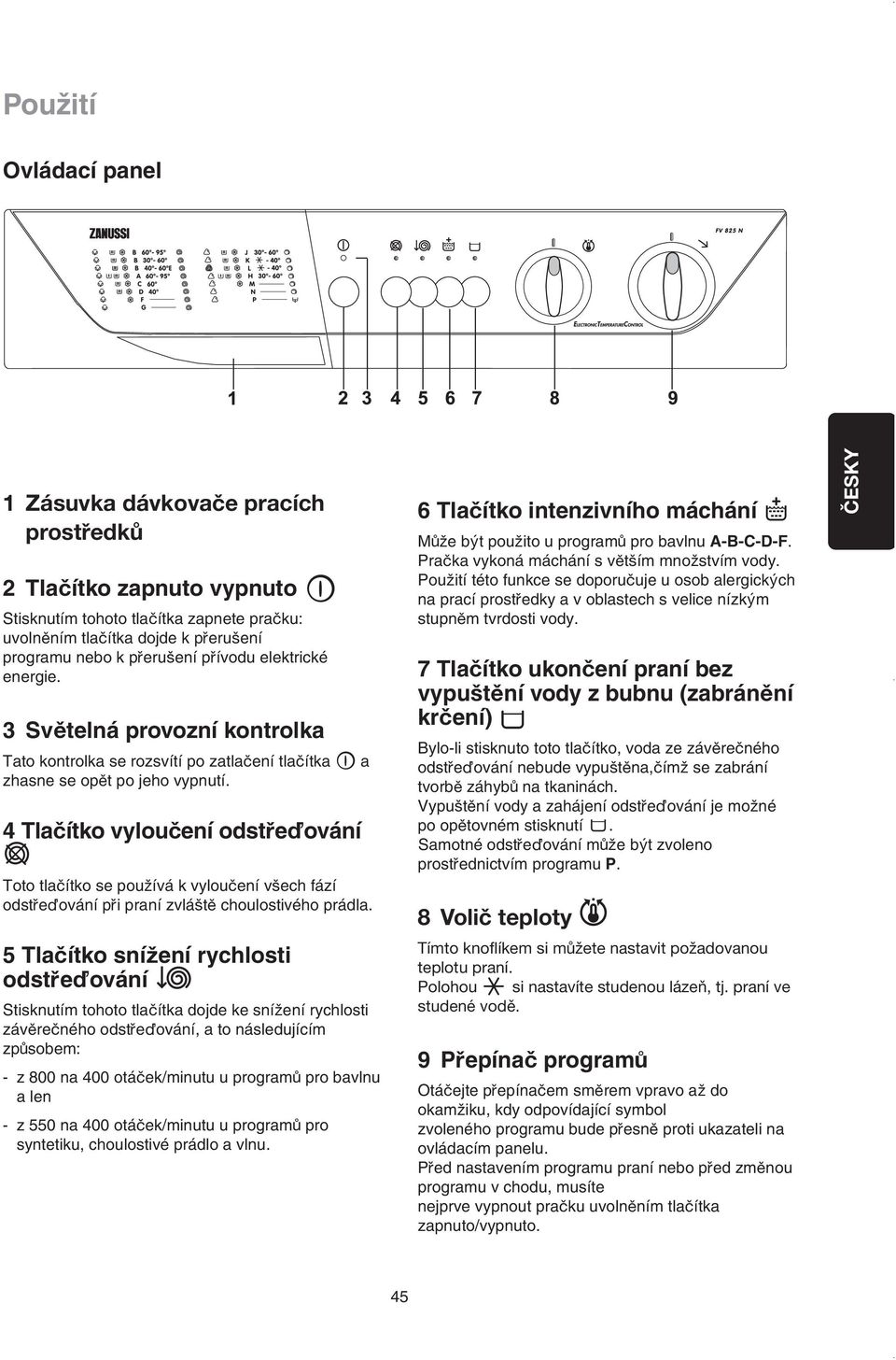 4 Tlacítko vyloucení odstredování Toto tlacítko se pouzívá k vyloucení vsech fází odstredování pri praní zvlást choulostivého prádla.