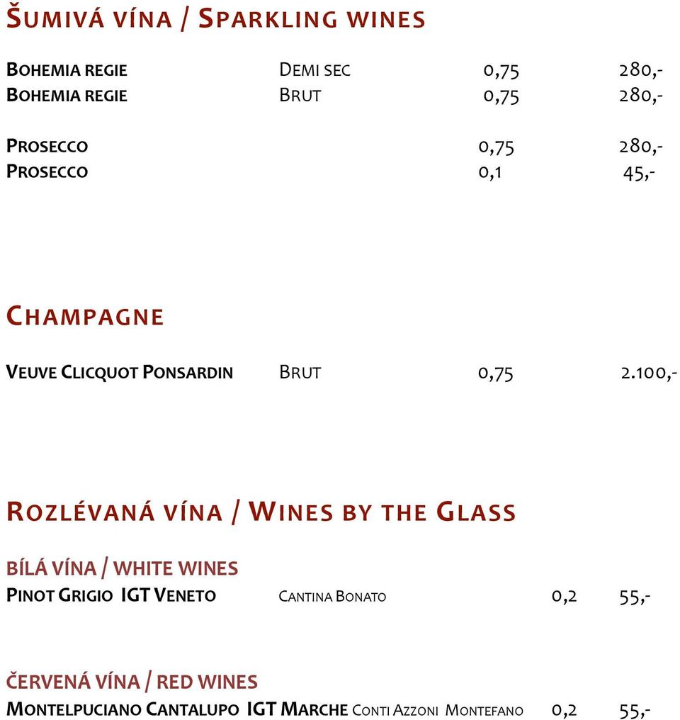 100,- ROZLÉVANÁ VÍNA / WINES BY THE GLASS BÍLÁ VÍNA / WHITE WINES PINOT GRIGIO IGT VENETO