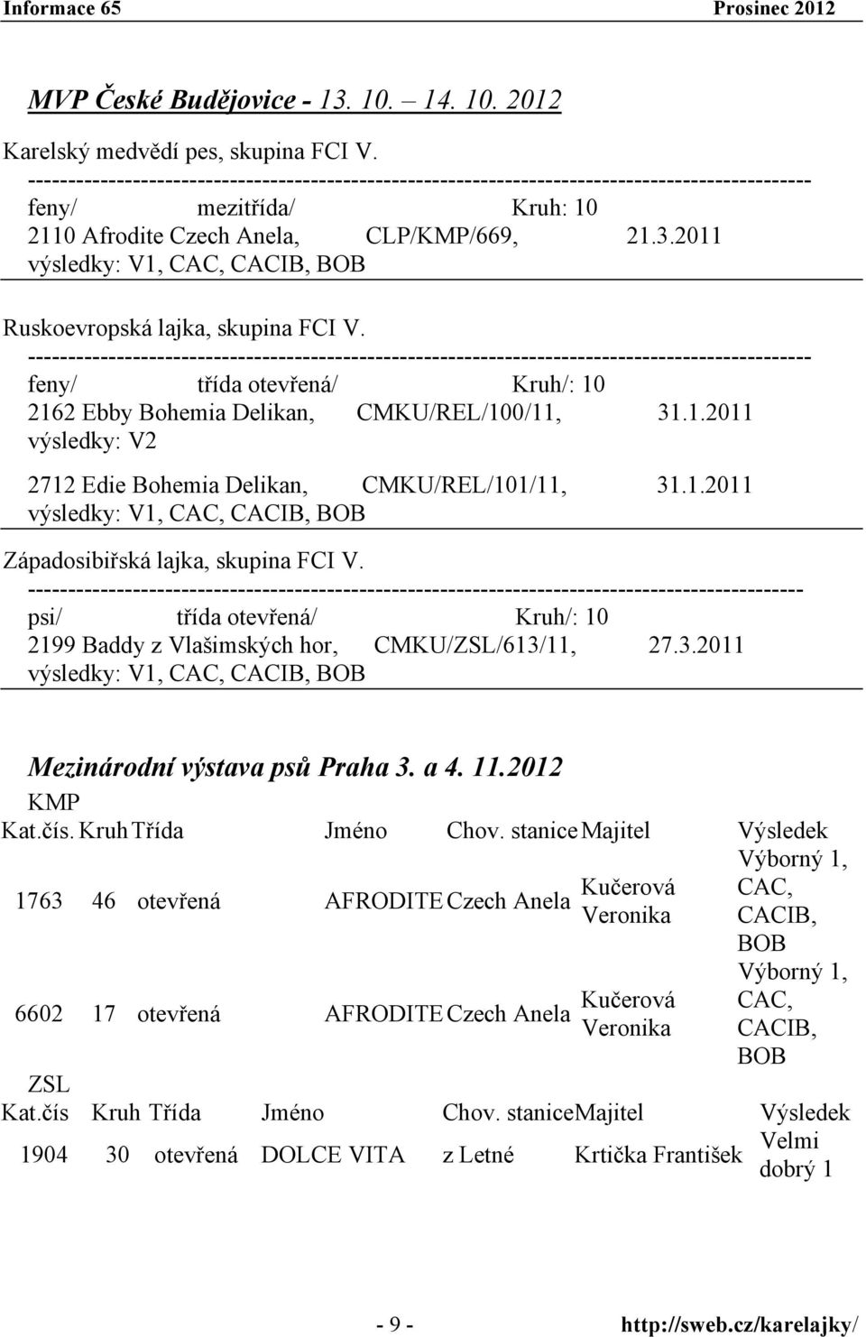 2011 výsledky: V1, CAC, CACIB, BOB Ruskoevropská lajka, skupina FCI V.