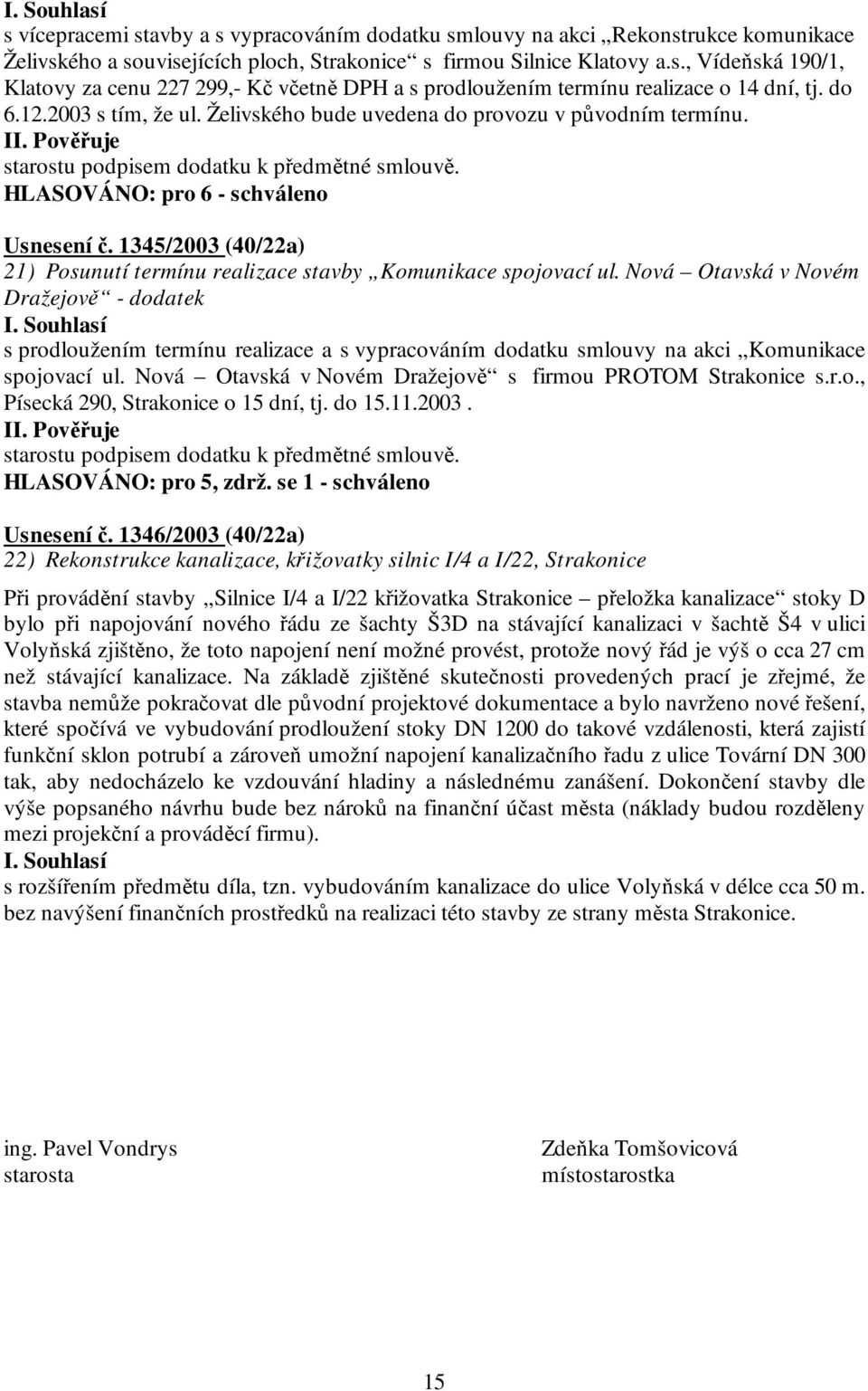 1345/2003 (40/22a) 21) Posunutí termínu realizace stavby Komunikace spojovací ul.