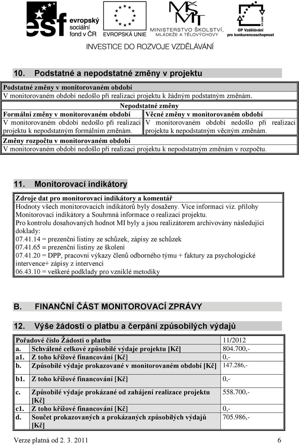 Věcné změny v monitorovaném období V monitorovaném období nedošlo při realizaci projektu k nepodstatným věcným změnám.