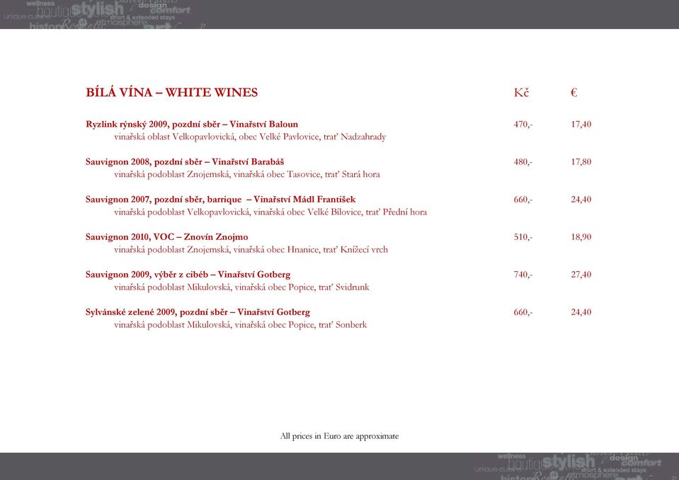 Velkopavlovická, vinařská obec Velké Bílovice, trať Přední hora Sauvignon 2010, VOC Znovín Znojmo 510,- 18,90 vinařská podoblast Znojemská, vinařská obec Hnanice, trať Knížecí vrch Sauvignon 2009,