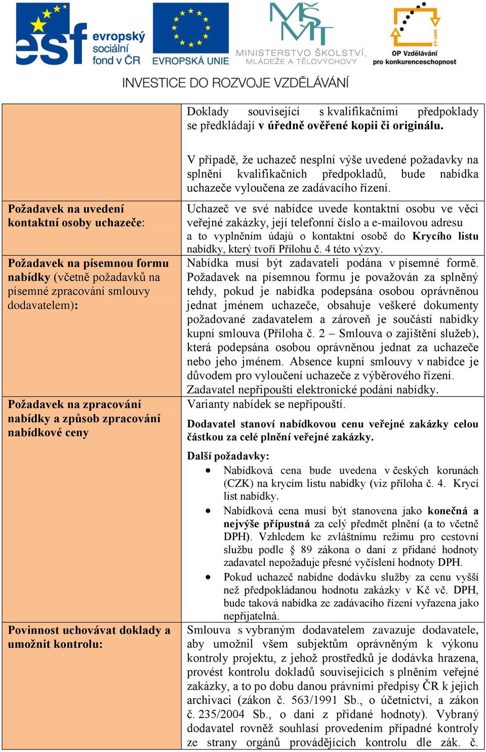 nabídkové ceny Povinnost uchovávat doklady a umožnit kontrolu: V případě, že uchazeč nesplní výše uvedené požadavky na splnění kvalifikačních předpokladů, bude nabídka uchazeče vyloučena ze