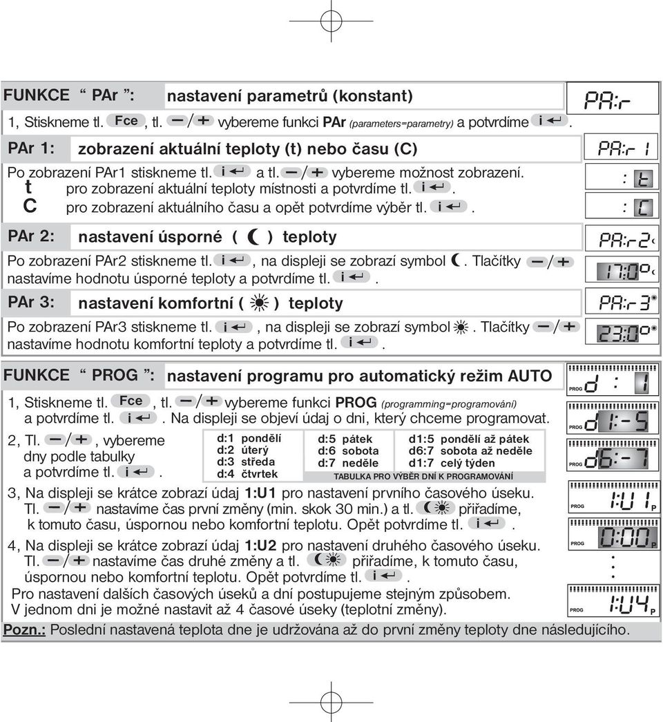 výběr tl Fce : slouží pro volbu funkce 1, ndkace nastaveného časového a teplotního programu 2, ndkace zvolená funkce AUTO, MANU, PROG atd 3, ndkace nezámrzové teploty 4, ndkace teplot, komfortní,