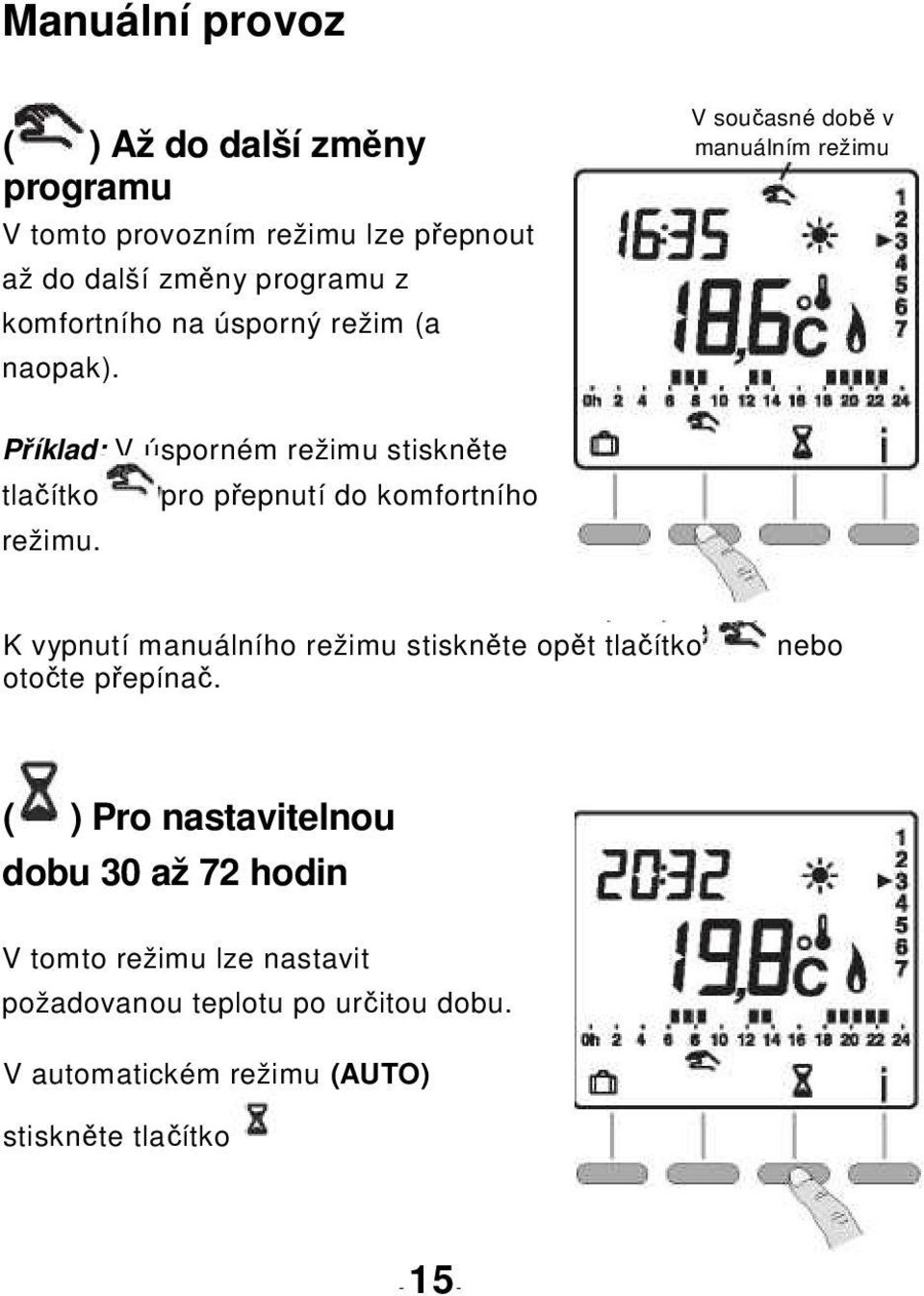 V současné době v manuálním režimu Příklad: V úsporném režimu stiskněte tlačítko pro přepnutí do komfortního režimu.