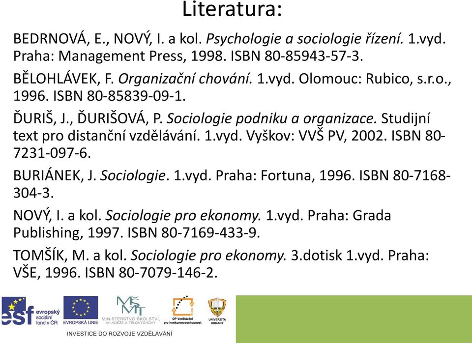 Studijní text pro distanční vzdělávání. 1.vyd. Vyškov: VVŠ PV, 2002. ISBN 80-7231-097-6. BURIÁNEK, J. Sociologie. 1.vyd. Praha: Fortuna, 1996.