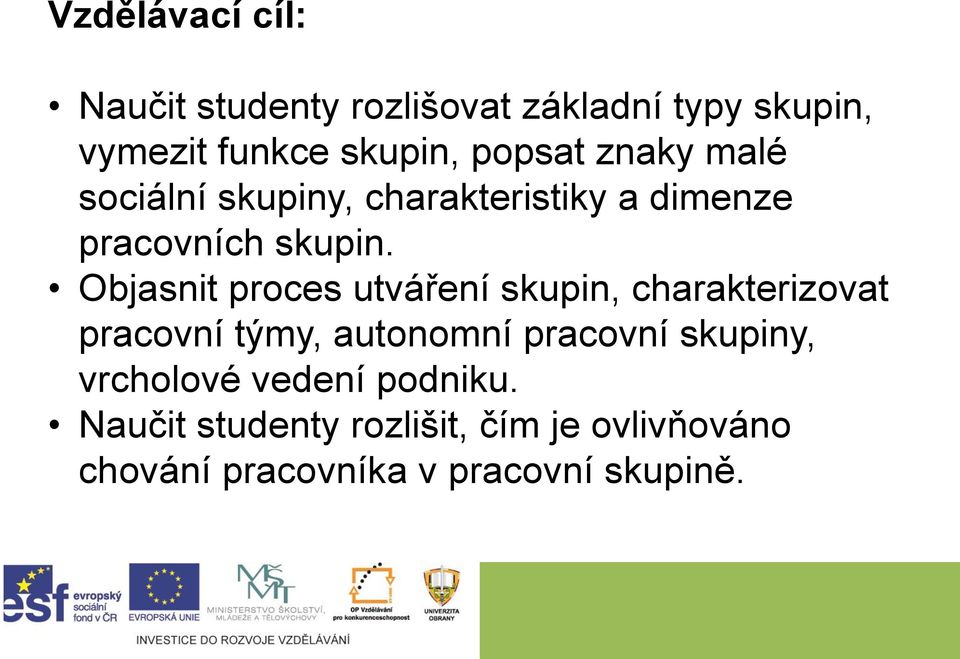 Objasnit proces utváření skupin, charakterizovat pracovní týmy, autonomní pracovní skupiny,