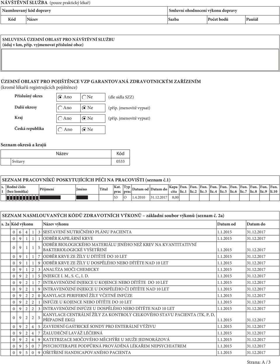 sídla SZZ) (příp. jmenovitě vypsat) (příp. jmenovitě vypsat) Česká republika Ano Ne Seznam okresů a krajů Název Kód Svitavy 0533 SEZNAM PRACOVNÍKŮ POSKYTUJÍCÍCH PÉČI NA PRACOVIŠTI (seznam č.1) s.