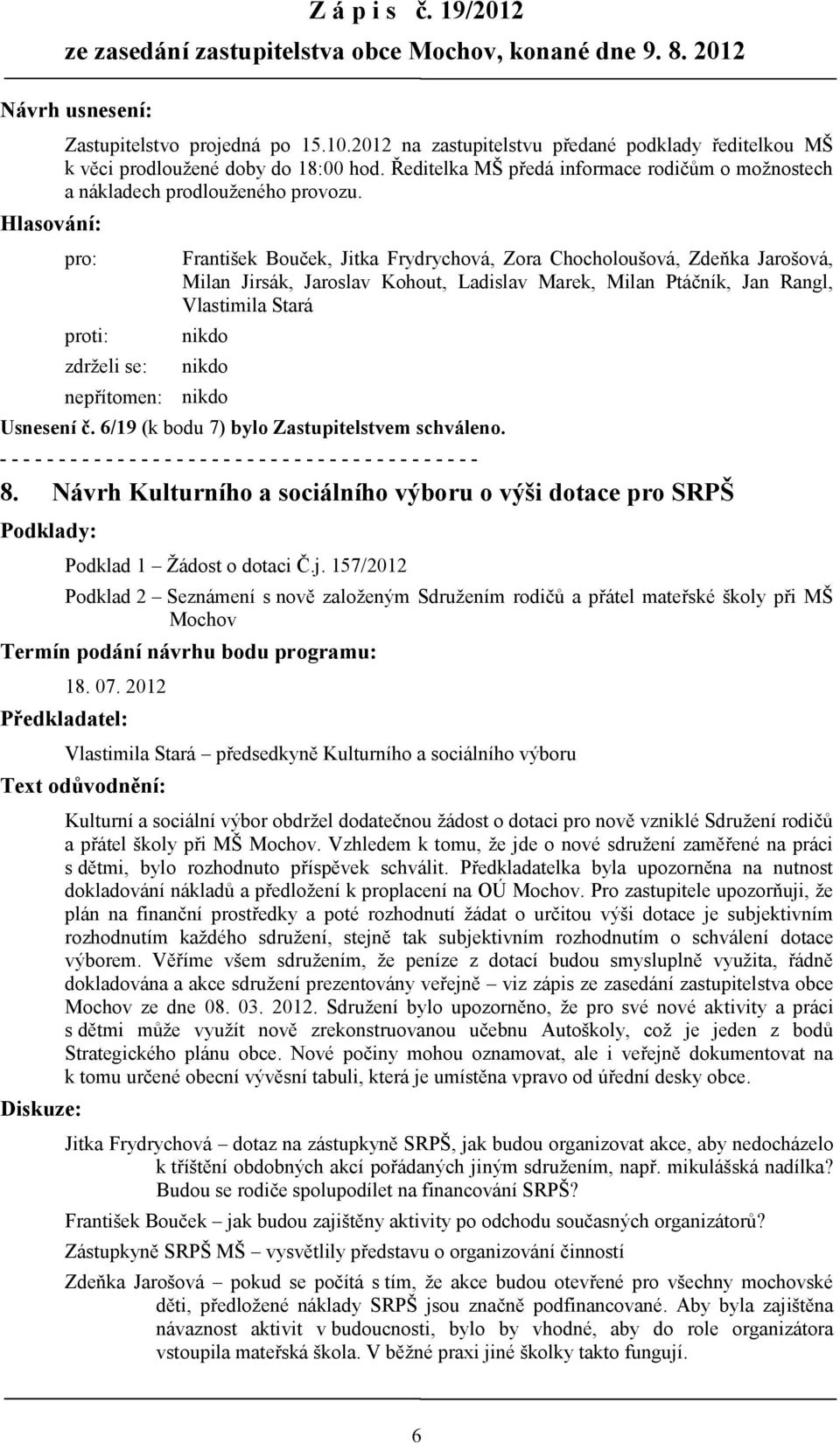 Hlasování: pro: František Bouček, Jitka Frydrychová, Zora Chocholoušová, Zdeňka Jarošová, Milan Jirsák, Jaroslav Kohout, Ladislav Marek, Milan Ptáčník, Jan Rangl, Vlastimila Stará proti: zdrželi se: