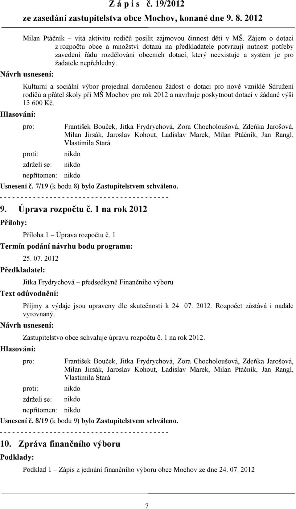 Návrh usnesení: Kulturní a sociální výbor projednal doručenou žádost o dotaci pro nově vzniklé Sdružení rodičů a přátel školy při MŠ Mochov pro rok 2012 a navrhuje poskytnout dotaci v žádané výši 13