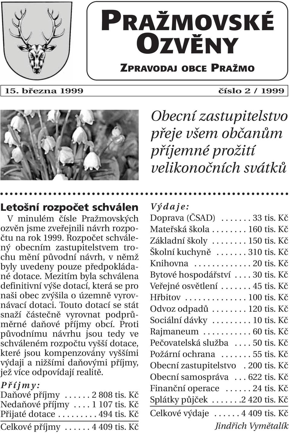 na rok 1999. Rozpočet schválený obecním zastupitelstvem trochu mění původní návrh, v němž byly uvedeny pouze předpokládané dotace.