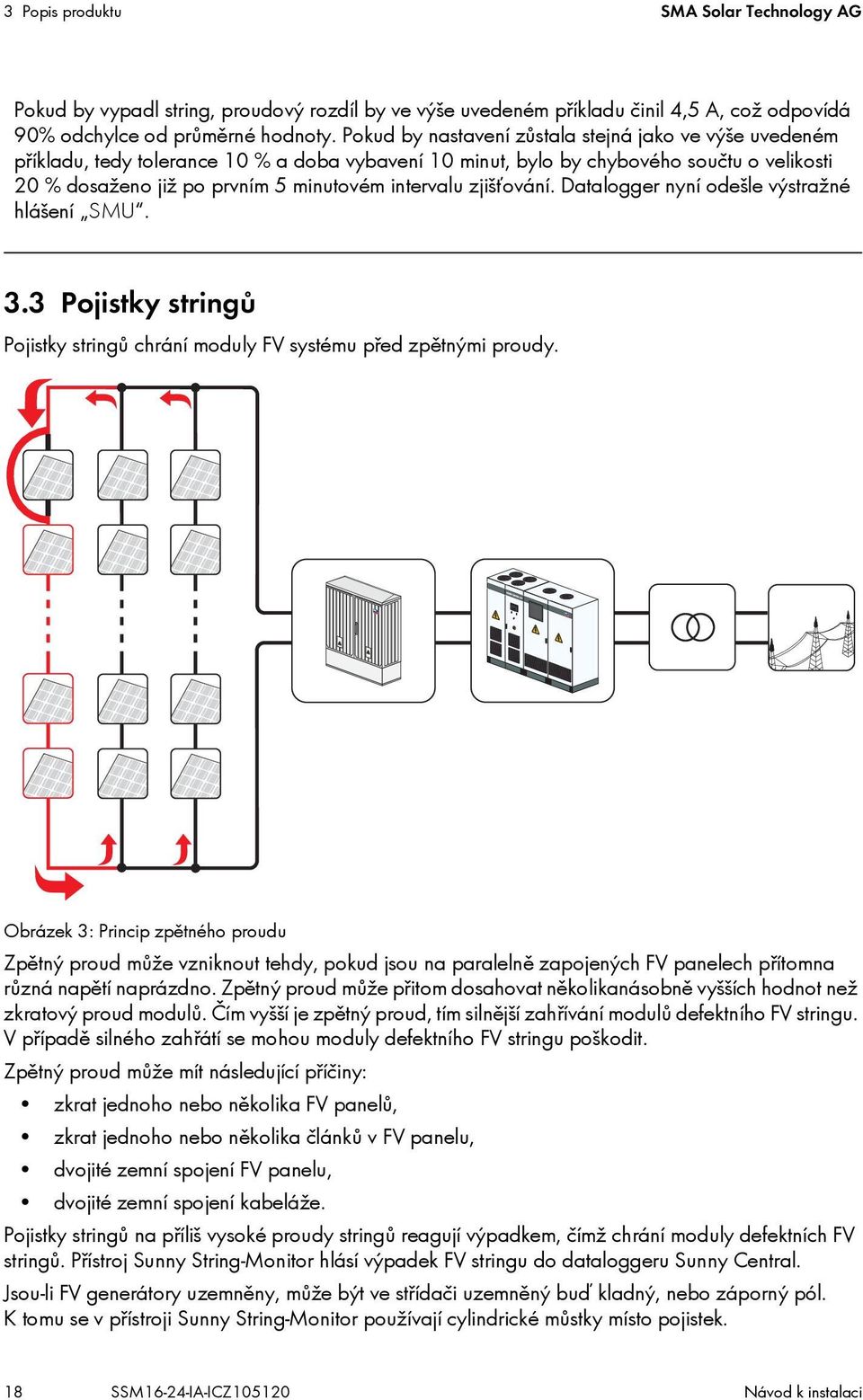 zjišťování. Datalogger nyní odešle výstražné hlášení SMU. 3.3 Pojistky stringů Pojistky stringů chrání moduly FV systému před zpětnými proudy.