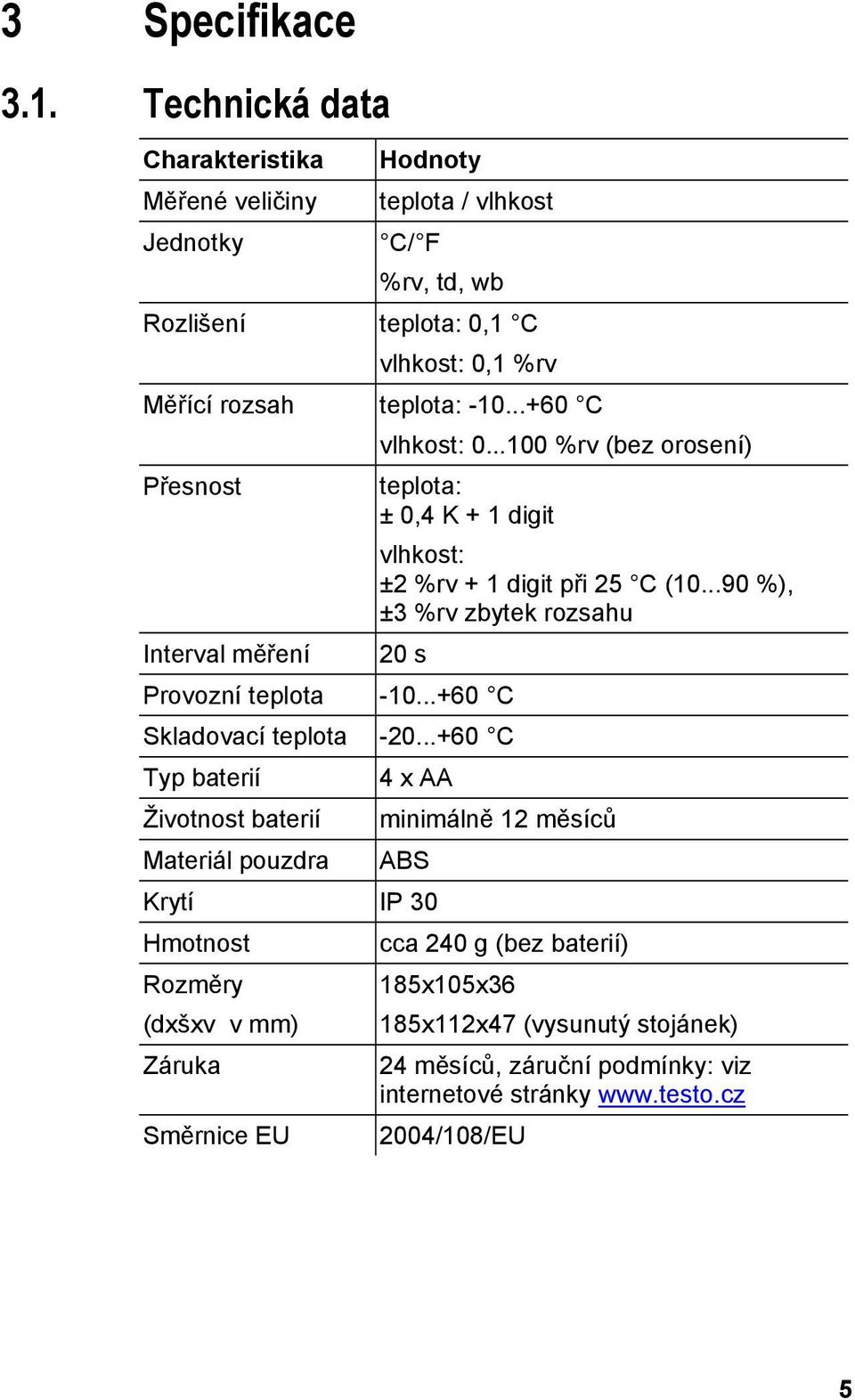 Technická data Charakteristika Měřené veličiny Jednotky Hodnoty teplota / vlhkost C/ F %rv, td, wb Rozlišení teplota: 0,1 C vlhkost: 0,1 %rv Měřící rozsah teplota: -10...+60 C vlhkost: 0.