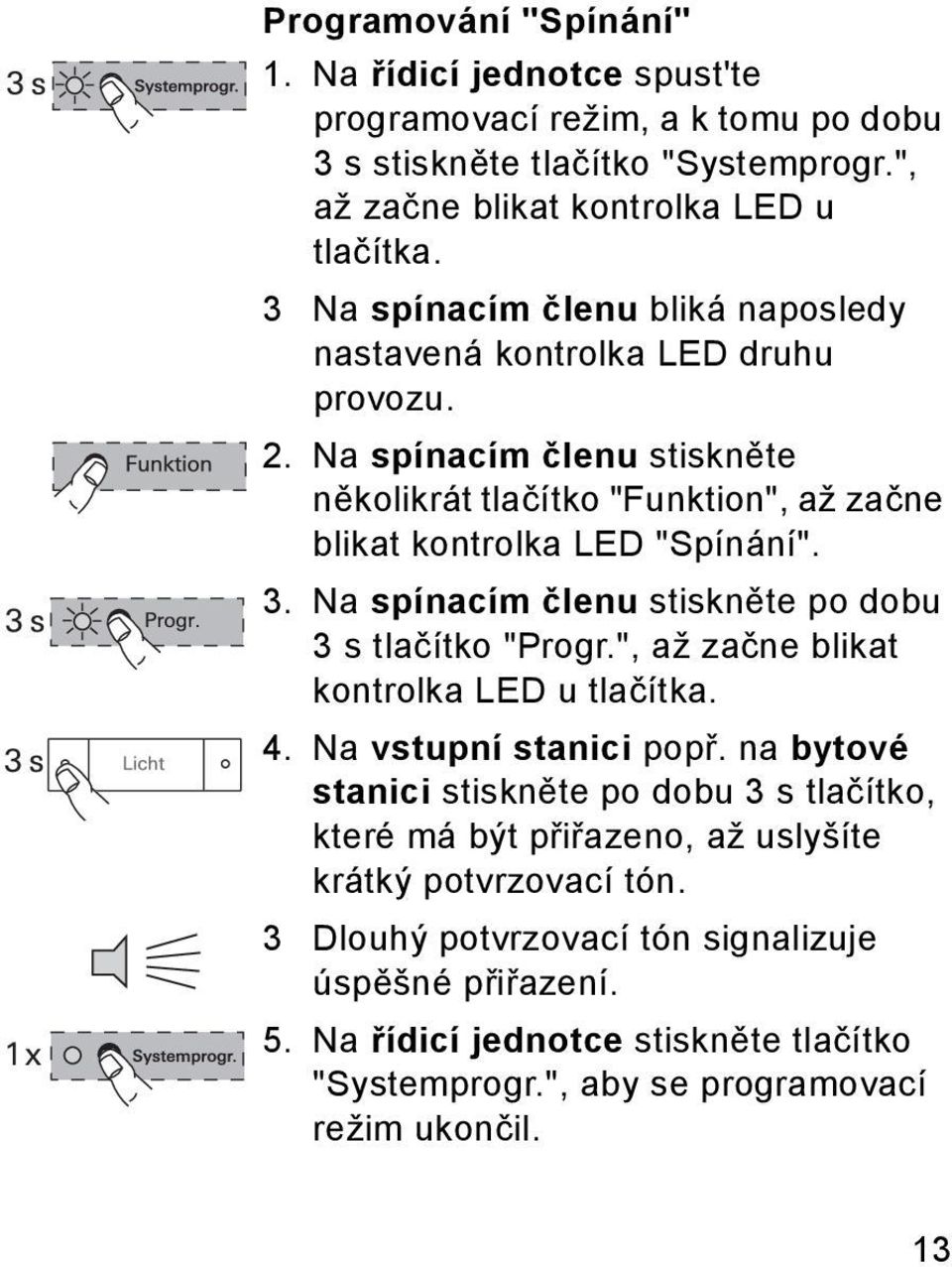 Na spínacím členu stiskněte po dobu 3 s tlačítko "Progr.", až začne blikat kontrolka LED u tlačítka. 4. Na vstupní stanici popř.