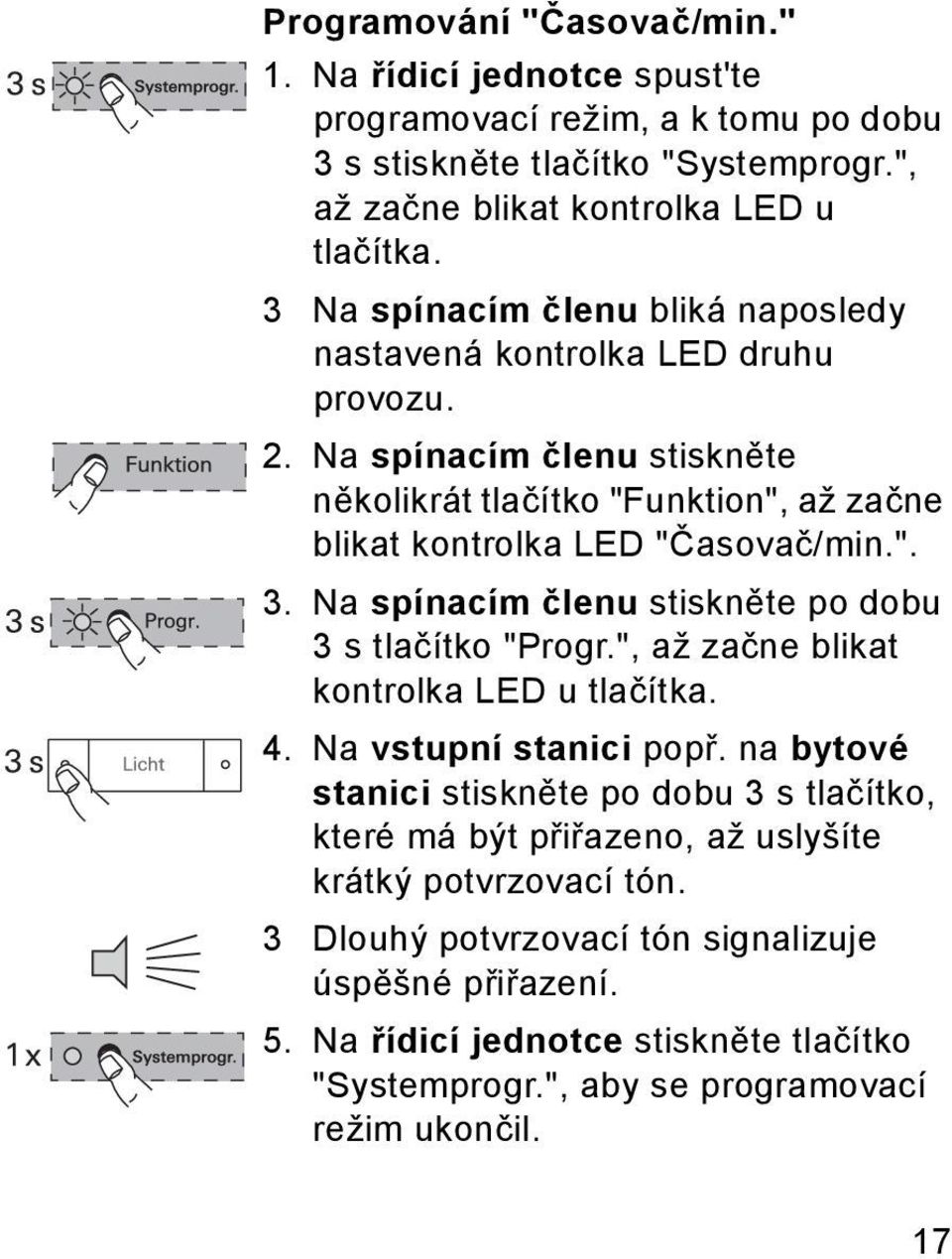 Na spínacím členu stiskněte po dobu 3 s tlačítko "Progr.", až začne blikat kontrolka LED u tlačítka. 4. Na vstupní stanici popř.