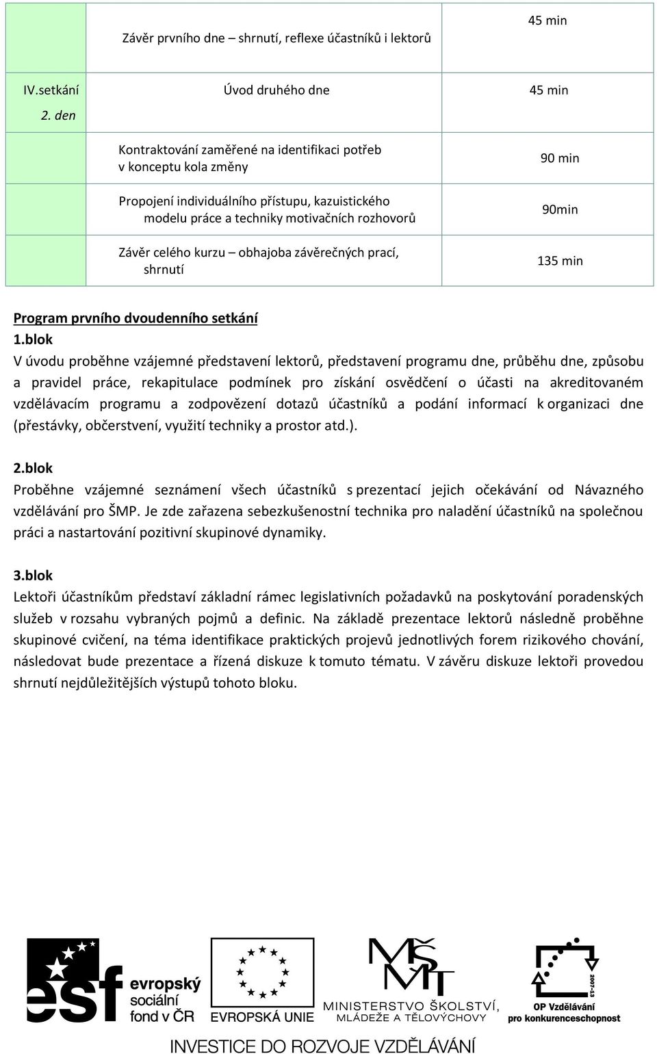 kurzu obhajoba závěrečných prací, shrnutí 90min 135 min Program prvního dvoudenního setkání 1.