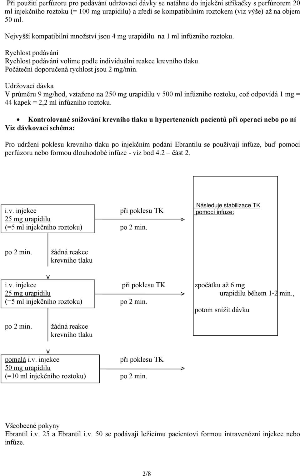 Počáteční doporučená rychlost jsou 2 mg/min. Udržovací dávka V průměru 9 mg/hod, vztaženo na 250 mg urapidilu v 500 ml infúzního roztoku, což odpovídá 1 mg = 44 kapek = 2,2 ml infúzního roztoku.
