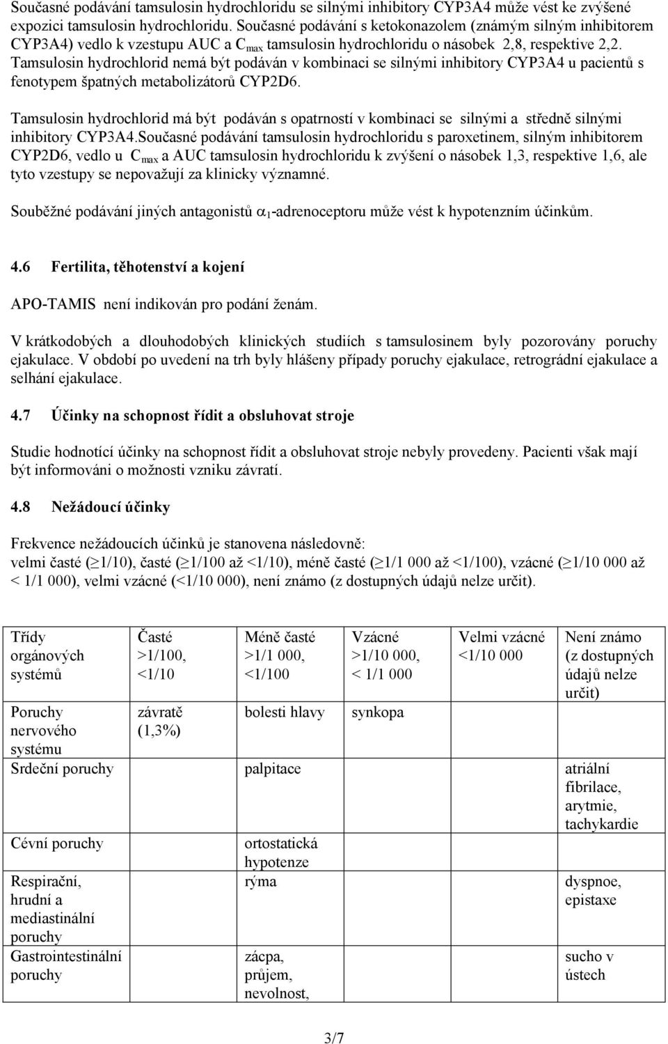 Tamsulosin hydrochlorid nemá být podáván v kombinaci se silnými inhibitory CYP3A4 u pacientů s fenotypem špatných metabolizátorů CYP2D6.