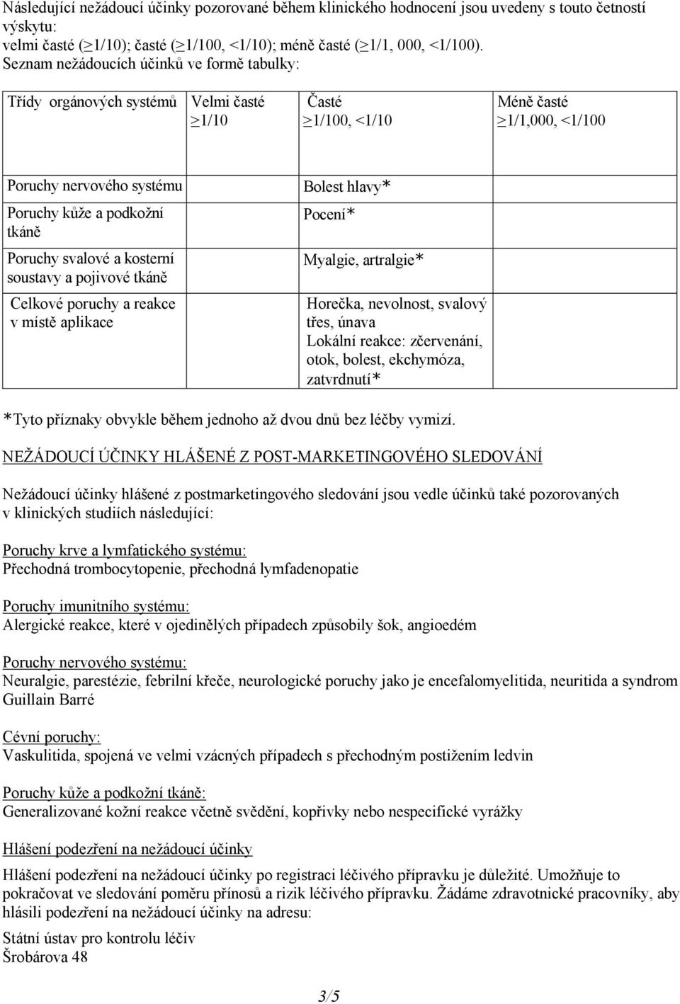 svalové a kosterní soustavy a pojivové tkáně Celkové poruchy a reakce v místě aplikace Bolest hlavy* Pocení* Myalgie, artralgie* Horečka, nevolnost, svalový třes, únava Lokální reakce: zčervenání,