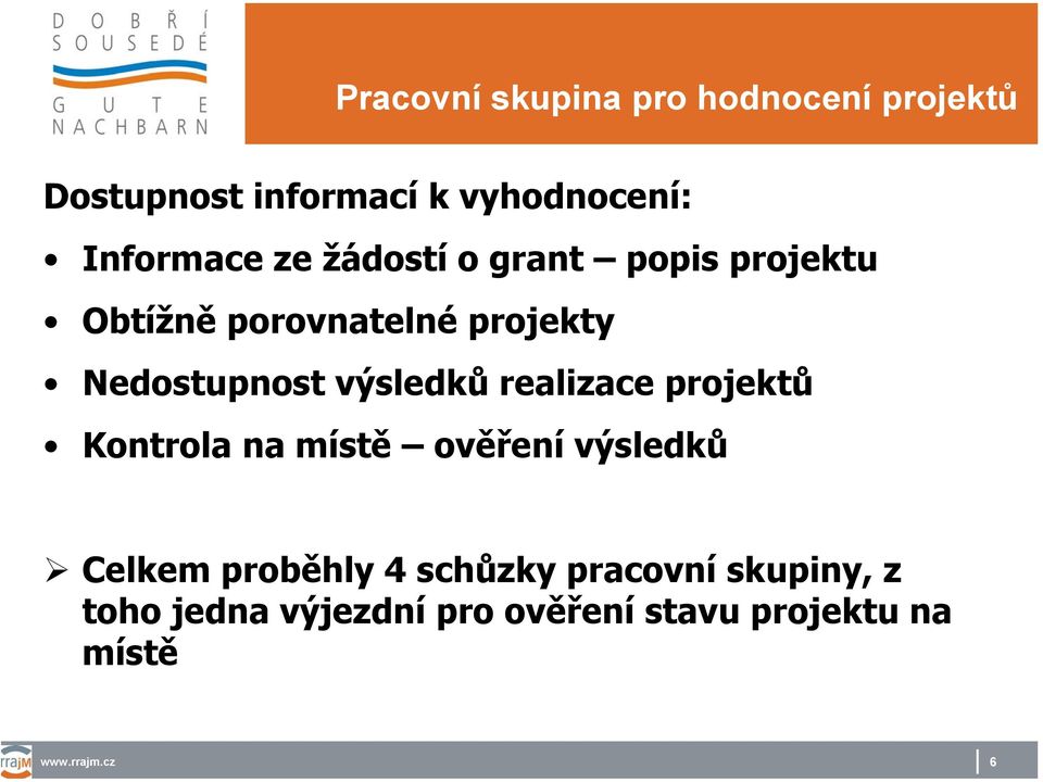 projektů Kontrola na místě ověření výsledků Celkem proběhly 4 schůzky