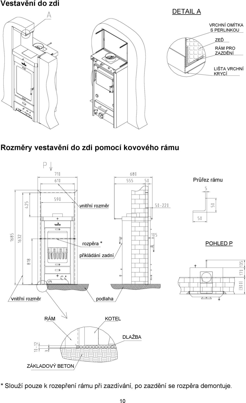 rozpěra * POHLED P přikládání zadní vnitřní rozměr podlaha RÁM KOTEL DLAŽBA