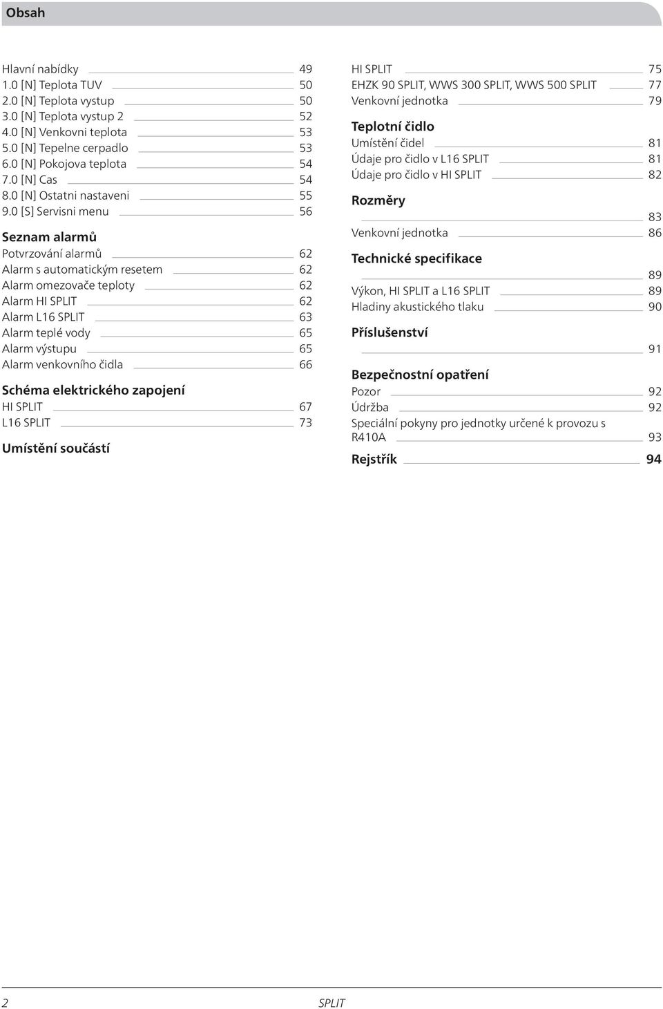 0 [S] Servisni menu 56 Seznam alarmů Potvrzování alarmů 62 Alarm s automatickým resetem 62 Alarm omezovače teploty 62 Alarm HI 62 Alarm L16 63 Alarm teplé vody 65 Alarm výstupu 65 Alarm venkovního