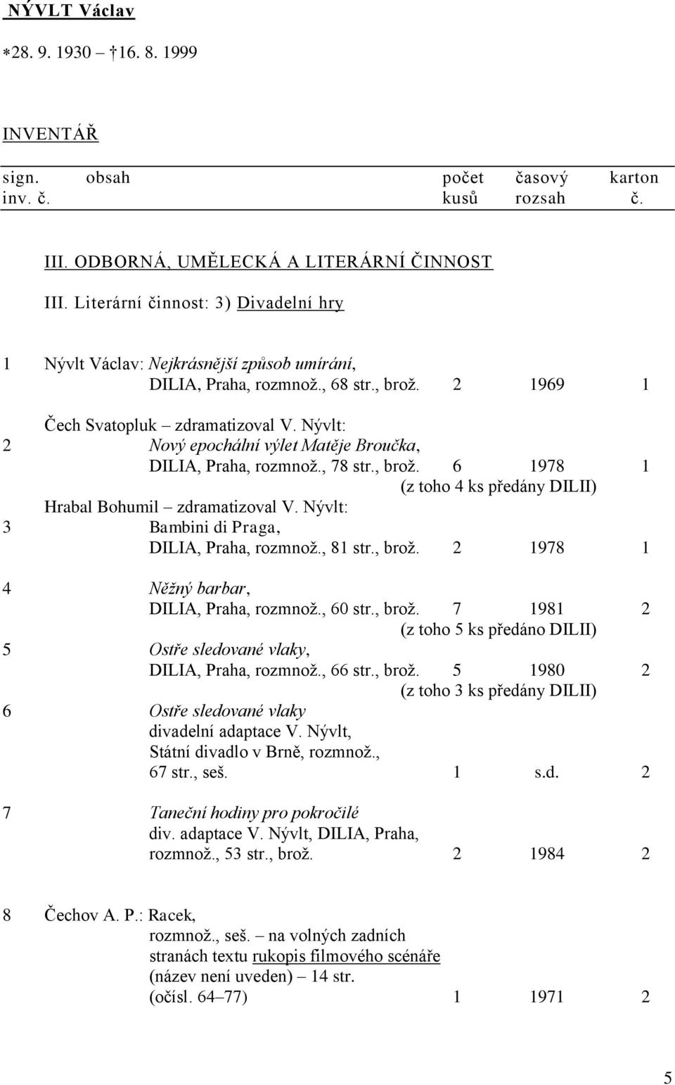 Nývlt: 2 Nový epochální výlet Matěje Broučka, DILIA, Praha, rozmnož., 78 str., brož. 6 1978 1 (z toho 4 ks předány DILII) Hrabal Bohumil zdramatizoval V.