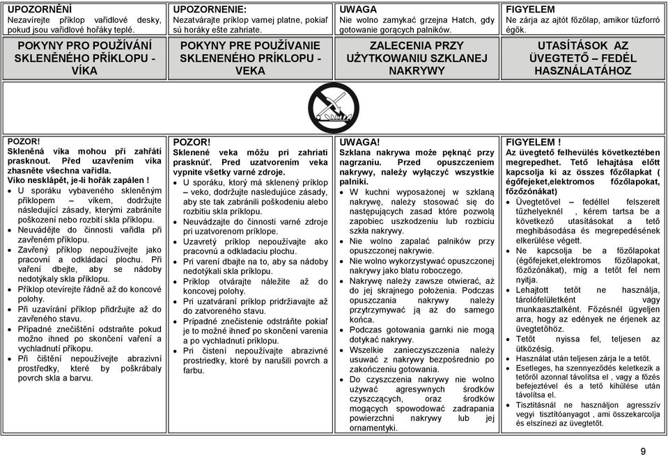 POKYNY PRE POUŽÍVANIE SKLENENÉHO PRÍKLOPU - VEKA UWAGA Nie wolno zamykać grzejna Hatch, gdy gotowanie gorących palników.