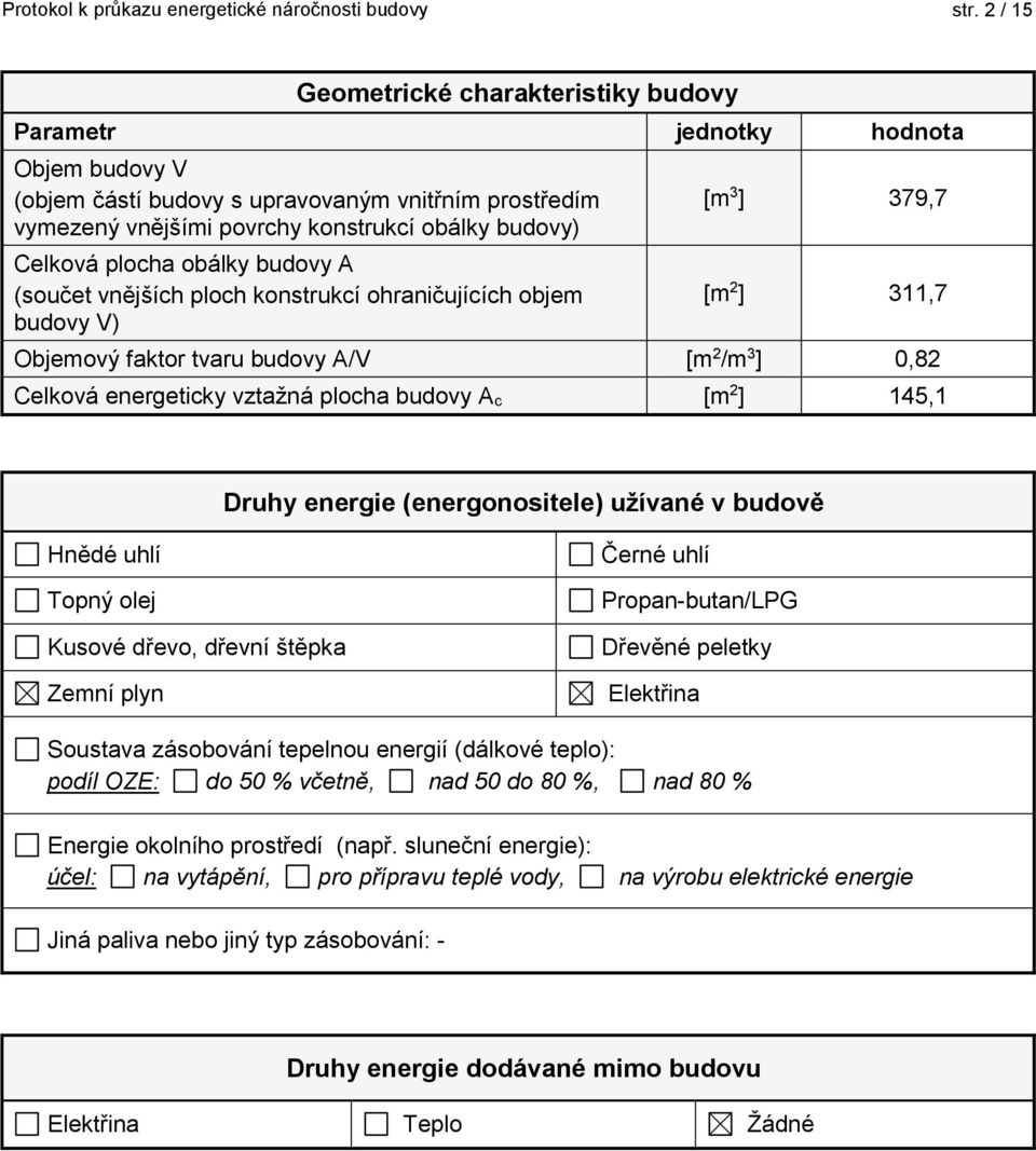 plocha obálky budovy A (součet vnějších ploch konstrukcí ohraničujících objem budovy V) [m 3 ] 379,7 [m 2 ] 311,7 Objemový faktor tvaru budovy A/V [m 2 /m 3 ] 0,82 Celková energeticky vztažná plocha